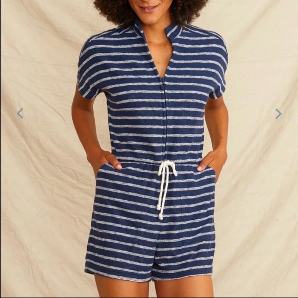 NWT Marine Layer Terry Out Romper, navy/white stripe, zipper, drawstring waist,L